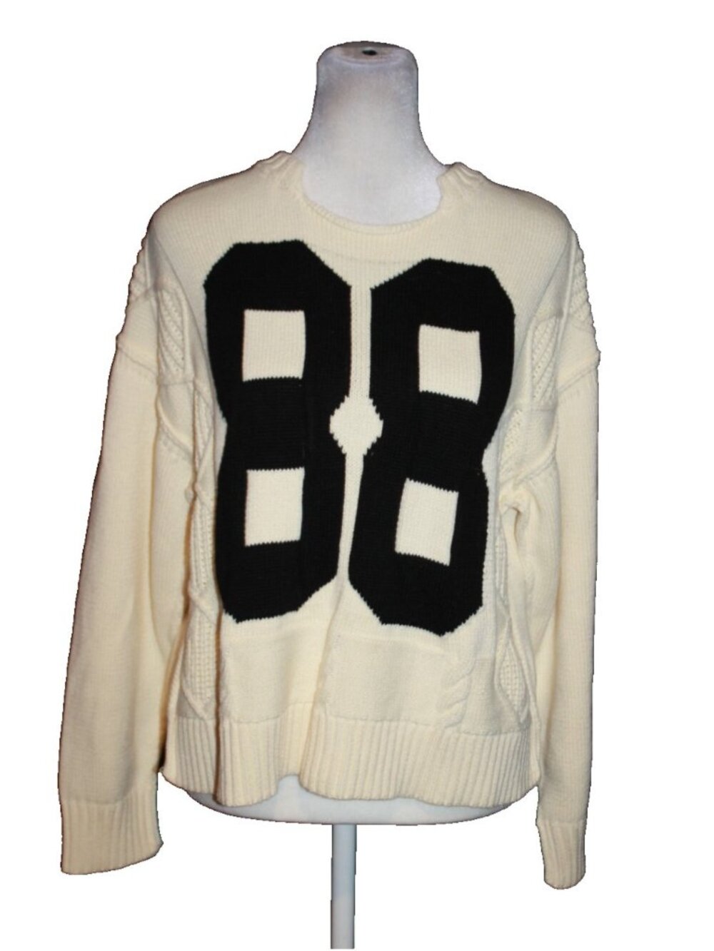 Aaron & Amber Sweater Womens Size S  Cream Cable Knit Football 88 Pullover Top